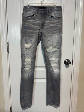 Jordan Craig Men's Gray Skinny Distressed Paint-Splatter Jeans